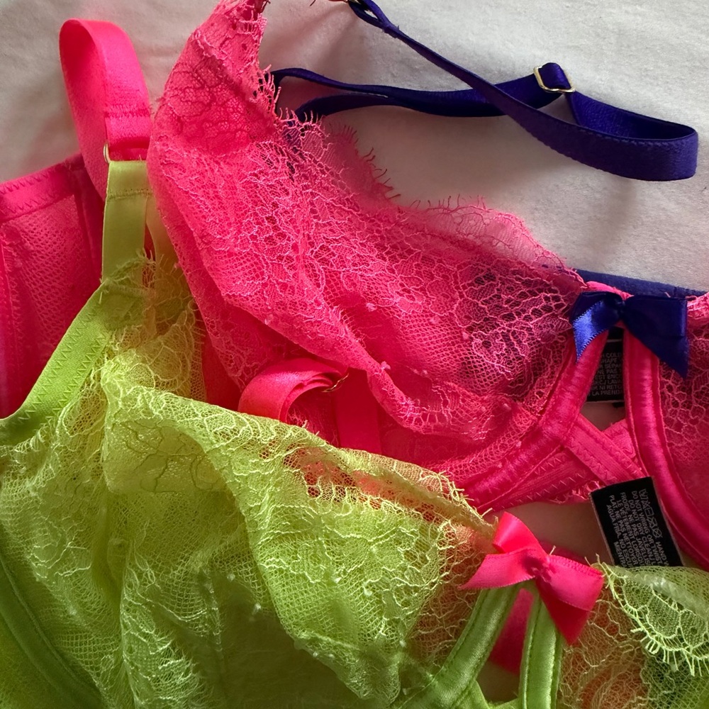 Preowned Victoria’s Secret Lace Underwire Unlined Bra Set Neon Pink Lime Sz 36D - Picture 4 of 6